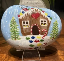 Hand Painted Rock "Gingerbread House” Collectible Garden Decor Art Gift