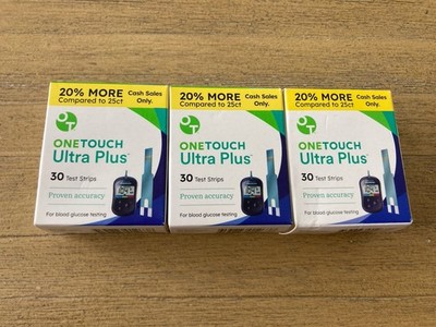 ONETOUCH Ultra Plus Test Strips 3 Boxes,  Total 90 Strips NEW Exp: 08-2026
