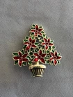 Vintage Poinsettia Christmas Tree Brooch Gold Tone Costume Jewelry 1.75”