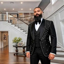 Wedding Rhinestone Men Suits Shawl Lapel Single Breasted Evening Prom Tuxedos
