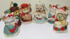 Six Vintage Jasco Bisque Bell Caring Critter Chimers Christmas Ornaments