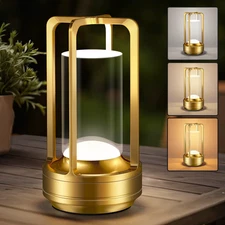 Cordless Rechargeable Portable Table Lamp - 3 Color Dimmable Metal Light for Hom
