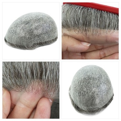 Toupee for Men Human Hair System Unit 0.05mm Thin Skin BIO Grey Hairpieces #365