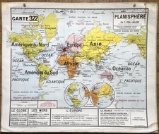 🌎Ancienne carte scolaire Vidal-Lablache 322, 1960 - Planisphère monde Outre-mer