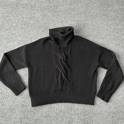 Liu Jo Sweater Womens Small Black Turtleneck Beaded Rib Knit Wool Acrylic