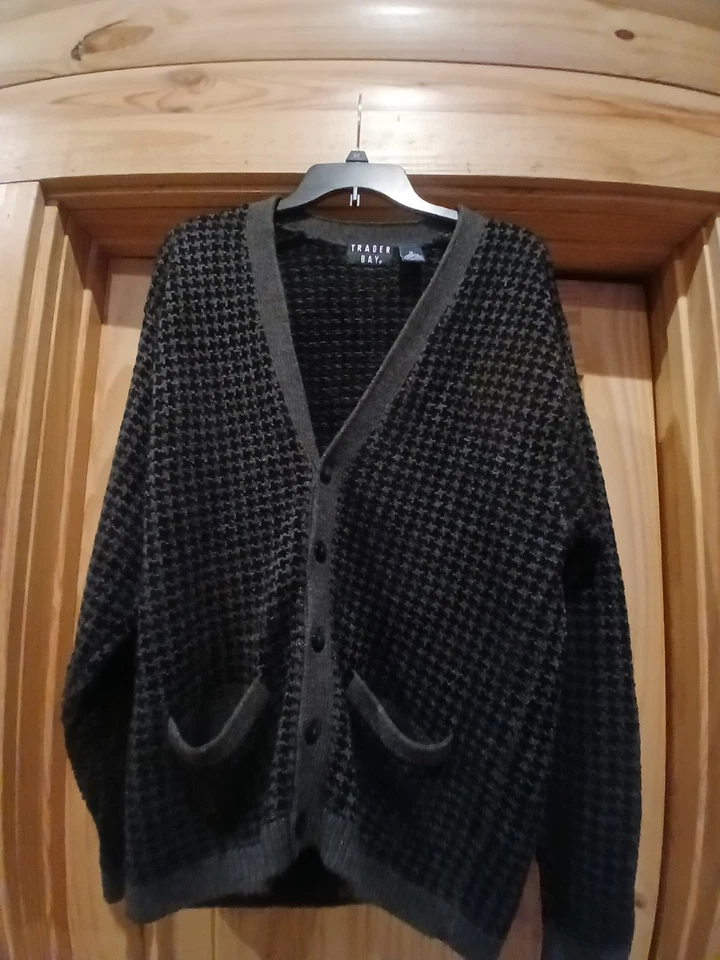 Trader Bay Sweater  Vtg Men M Gray Blk, Gray Cardigan  Knit Button Made USA - Image 3 of 4