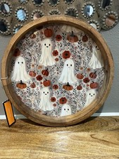 Ghoulish Halloween Ghost  Pumpkin Wooden Centerpiece Tray 14  Whimsical Decor