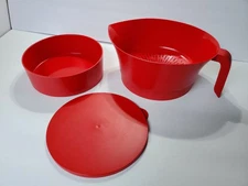 3 Pc COLANDER GREASE STRAINER W/Handle & Container Catch Bowl With Lid Set RED