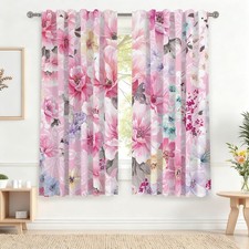 42 x 63 Inch Pink Floral Bedroom Curtains with Rod Pocket Linen Texture Peony...