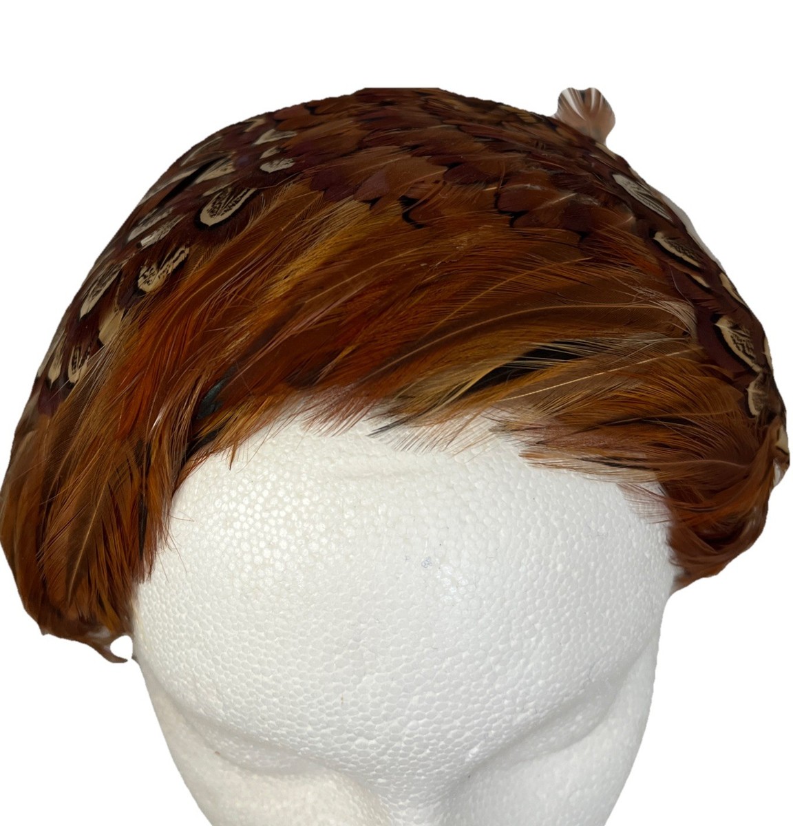 Vintage Feathered Pillbox Hat Taupe Sculptured Vintage Styled Pillbox Hat with Pheasant  main image 3