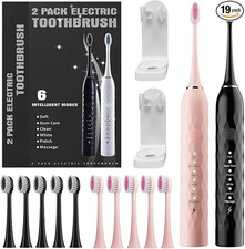 Sonic Electric Toothbrush 2-Pack Rechargeable with 12 Heads & Holders Pink/Black