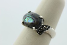Sterling Silver 925 Abalone Cabochon and Marcasite Swirl Ring - Size 7.25