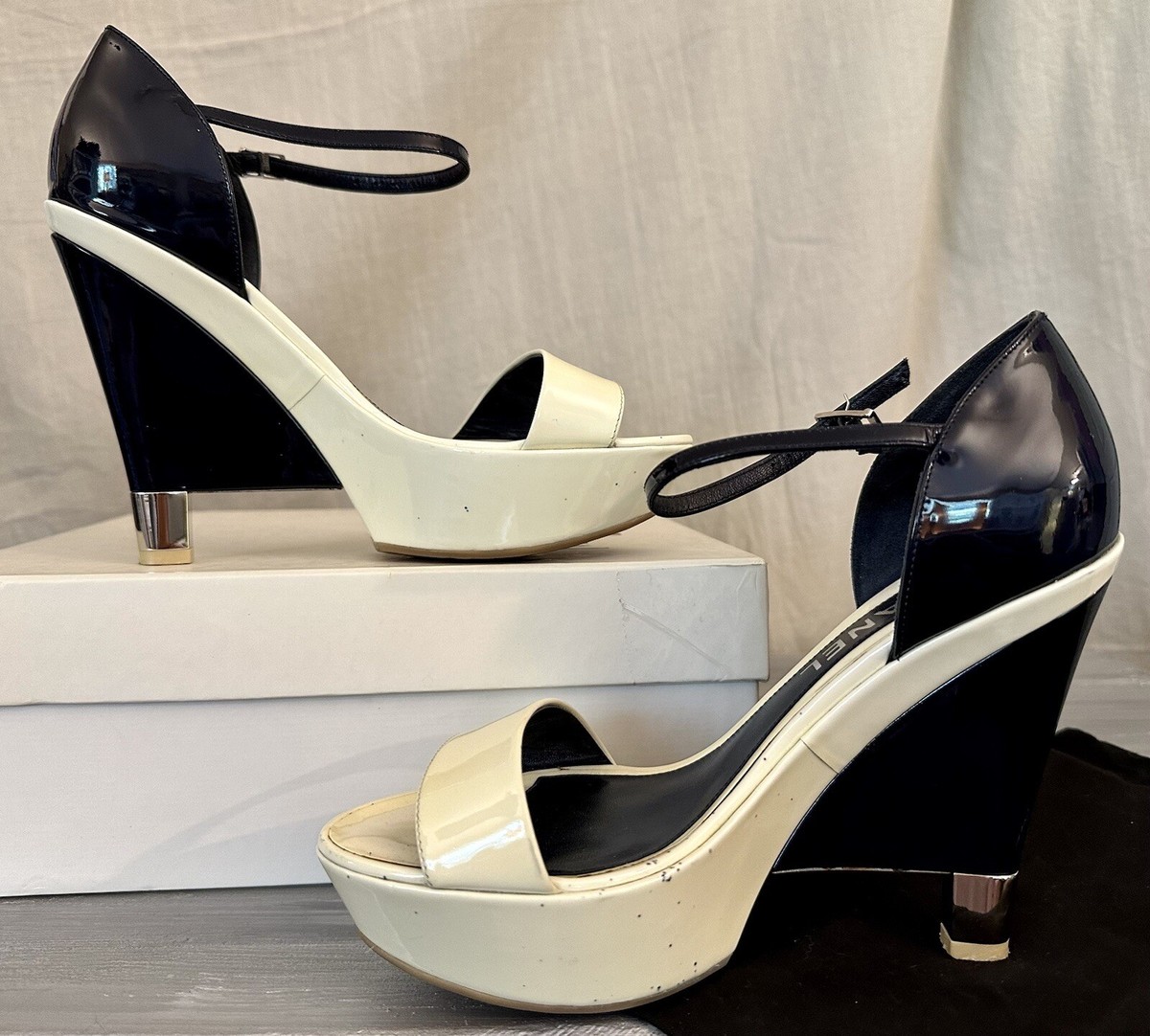 Authentic White/Dark Blue Platform Chanel Sandals Heels