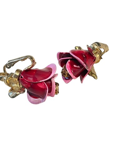 CORO Red and Pink Enamel Flower Brooch & Clip-On Earring Set - Picture 6 of 6