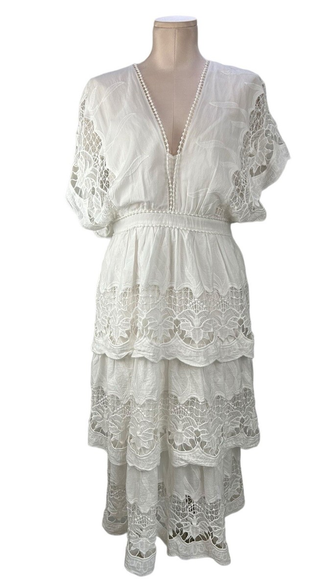 NWT Farm Rio Off-White Richelieu Lace Tiered Midi Dress Size M | eBay
