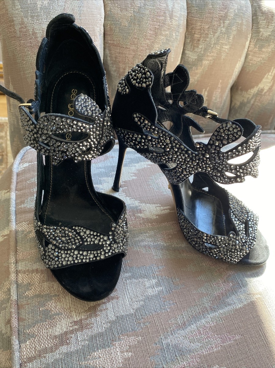 Sergio Rossi black suede crystal open toe high heel shoes 7/37