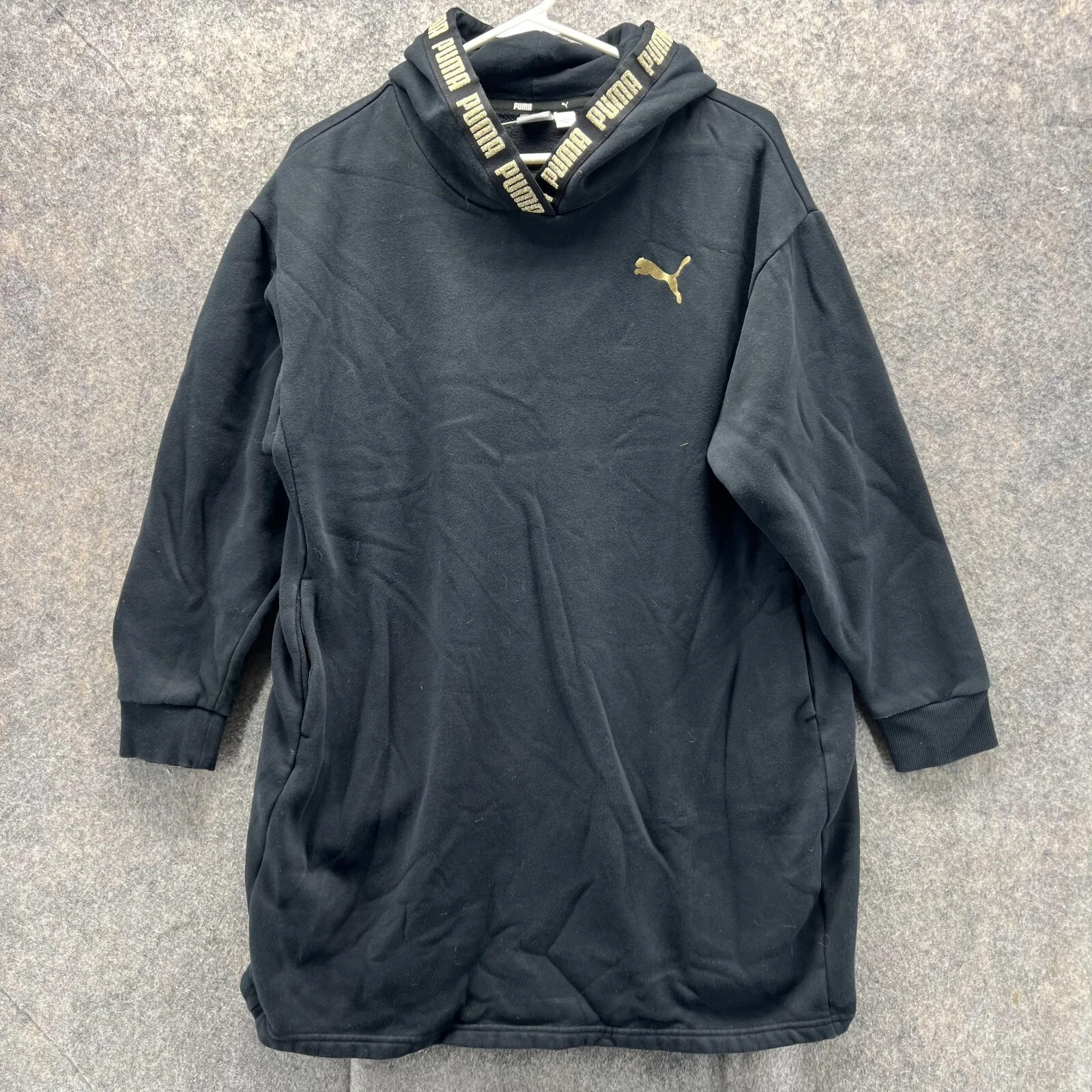 Puma Sweater Women Medium Black Hooded Sweatshirt Jacket Gold Long Pullover