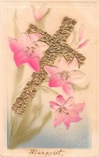Airbrushed 1912 Easter Postcard of Golden Cross & Pink Lilies