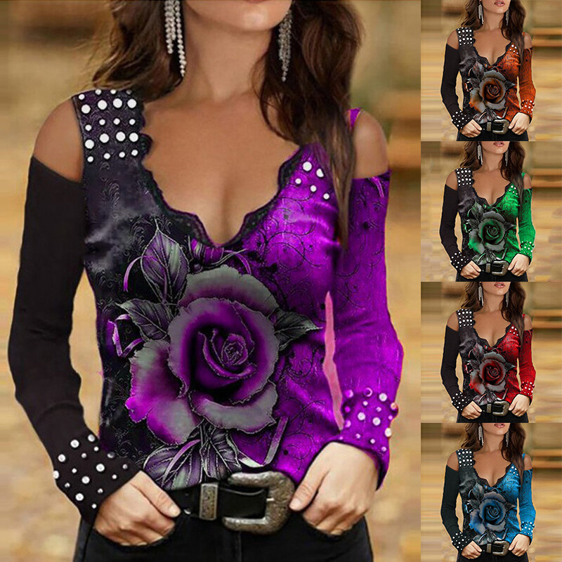 Damen-T-Shirt Mit Blumenmuster Langärmelig Kalte Schulter Lässige Bluse V- v