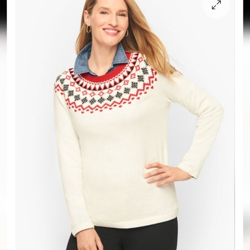 Talbots Fair Isle Yoke Crewneck Red White Holiday Sweater Size M