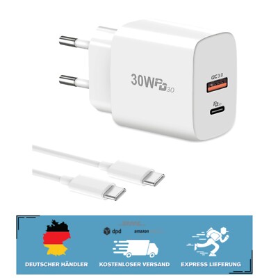 30W USB-C Schnellladegerät mit 2 Ports & 2M Kabel für iPhone & Google Pixel