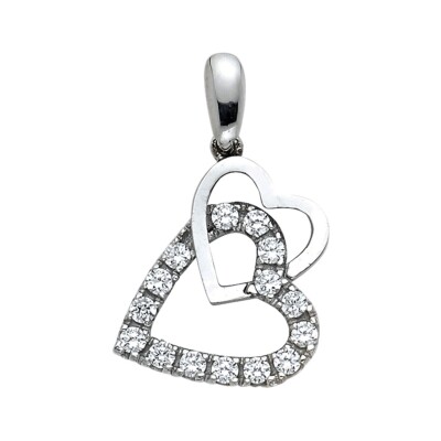 14K Weißgold Zirkonia Doppel Herz Anhänger