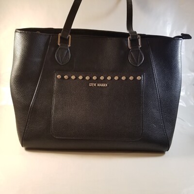 STEVE MADDEN Large Black Satchel Shoulder Bag Purse Two Handle Logo Zip  Close