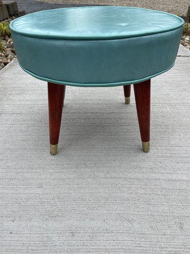 Vintage MCM Blue Round Vinyl Ottoman Foot Stool Tapered Wooden Legs 1960's - Picture 2 of 8