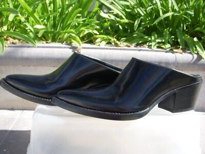 Prada Chunky Heel Pointed Toe Mules Black Leather Logo Wmn 37 MSRP