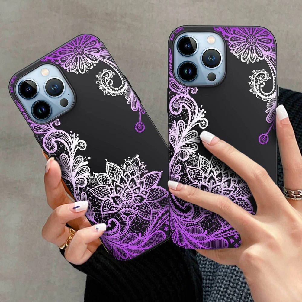 Phone Case For Apple iPhone 14 Pro Max 13 12 15 Flower Lace Protective TPU Cover