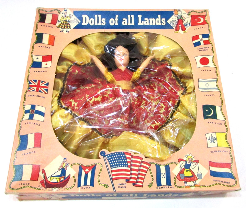 Vintage 1950's Dolls of All Lands Red Gold Dress Black Hair in Original Box