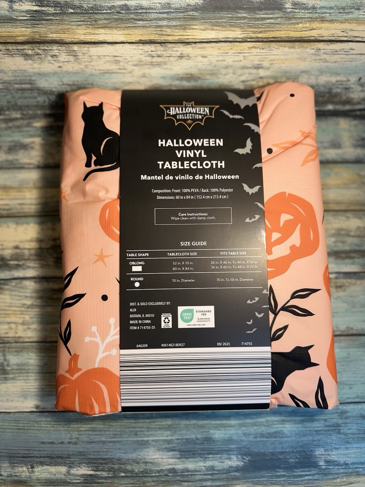 NEW Halloween Vinyl Tablecloth Oblong 60” x 84” 🐈‍⬛ Kitties Pumpkins 🎃 Spiders
