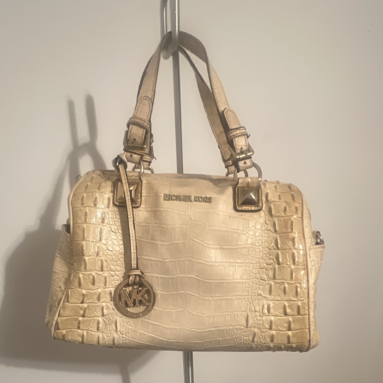 Michael Kors Beige Crocodile Satchel Gold Hardware Logo Bag Charm Accent