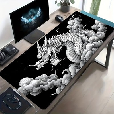 A Large Gaming Mouse Pad Featuring a Black And White Dragon Cloud Design in a C