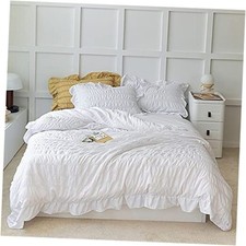 Ruffled Bedding-3 Pieces Seersucker Duvet Cover Textured Stripe Queen White