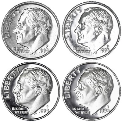 1998 P D S S Roosevelt Dime Year Set Silver & Clad Proof & BU US 4 Coin Lot