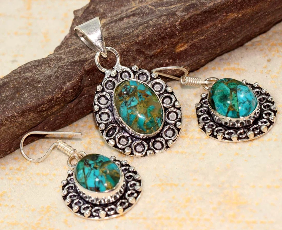 925 Silver Plated Copper Chrysocolla Pendant Earrings Set 1.4|1.5" AU o913