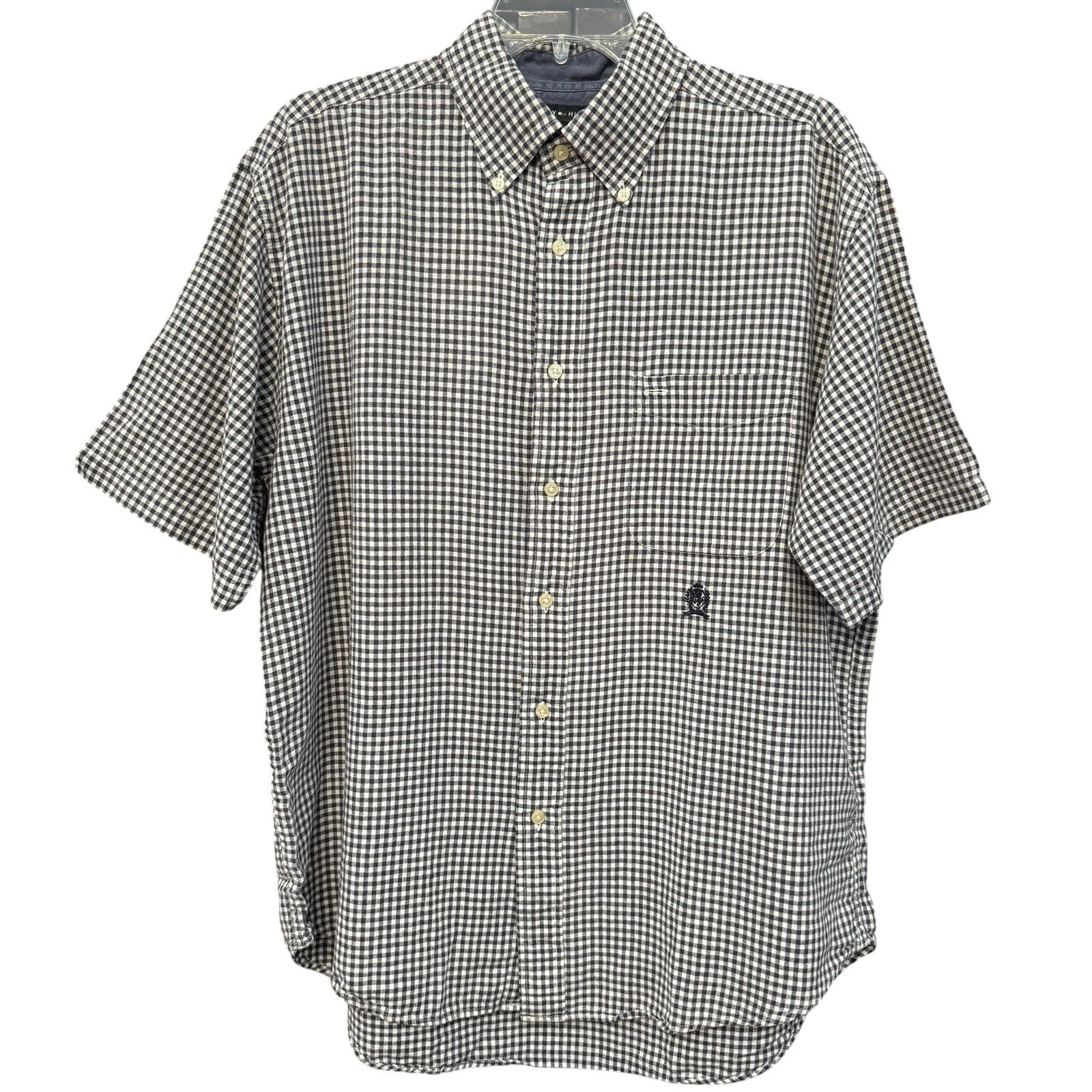 Tommy Hilfiger Men’s L Gingham Check Short Sleeve Shirt Linen Cotton Blend