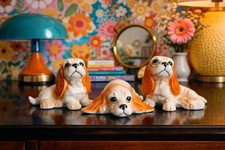 Estatuillas retro para perros MCM Kitsch decoración | porcelana de porcelana de hueso, lindos cachorros basset