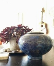 Peony Blue Oak Wood Infant/Child/Pet Funeral Cremation Urn, 100 Cubic Inches