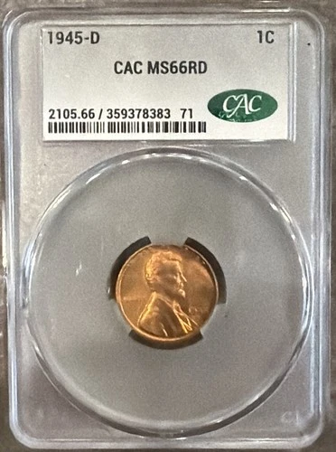 1945-D Lincoln Wheat Penny – CAC Certified MS66 – Stunning Red Gem!