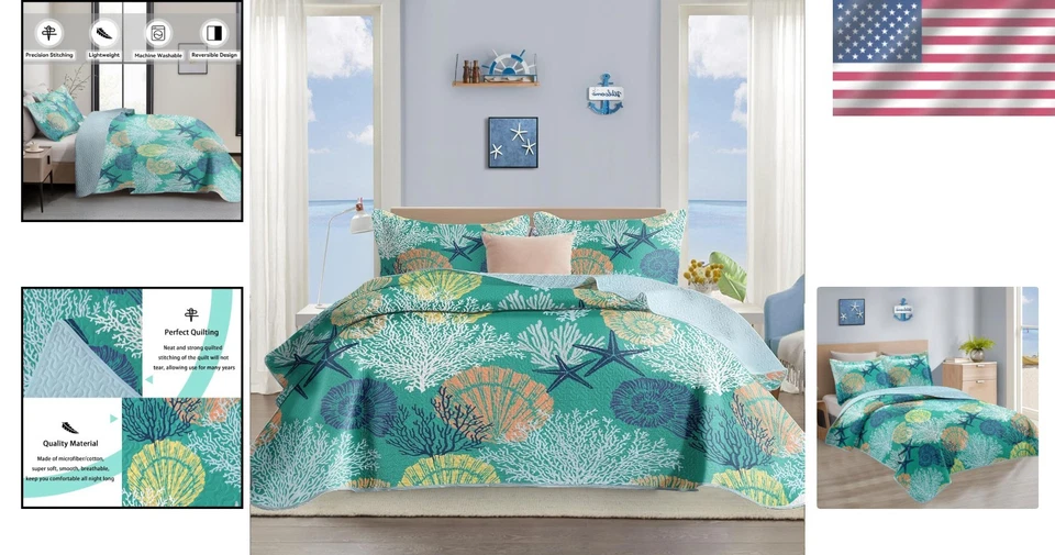 Coastal Quilt Set Full/Queen Size - Reversible Bedding - Image 2 of 4