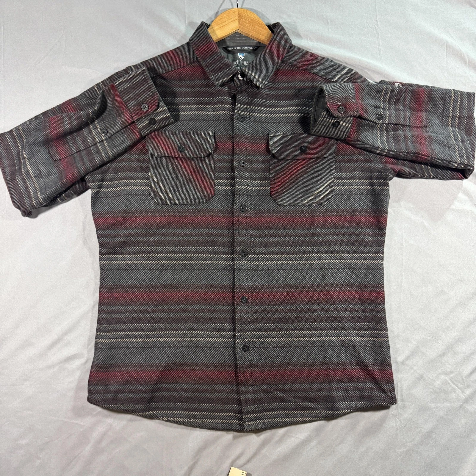 Kuhl Shirt Mens Small Gray Red Stripe Flannel Long Sleeve Button Up Outdoor