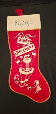 Vintage MCM Red Felt Merry Christmas Santa Stenciled Christmas Stocking Mitzi