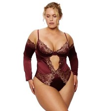 NWT Frederick s of Hollywood Andrina Gold Lace Burgundy Satin Teddy/Bodysuit S