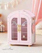 Wooden Doll Wardrobe Closet for 18 Inch Dolls w/ Mirror  3 Hangers Pink