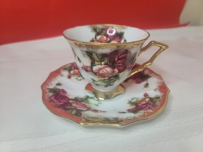 Royal Sealy Japan RED Rose Footed Tea Cup & Saucer Gold Trim Scalloped Edges