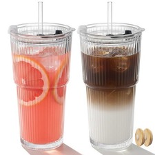 20oz Ribbed Glass Tumbler with Lids and Straws 2 Pack Leak Proof Iced Coffe...