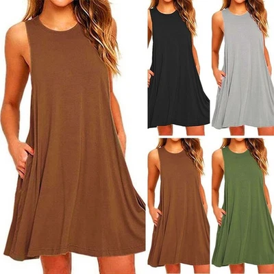 Kleid kurz ärmellos Sommer Sommerkleid A-Linie Damen Strand schwarz Rundhals - Bild 1 von 4