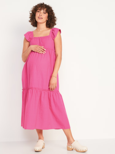Old Navy Dress Womens Medium Maternity Pink Seersucker Maxi Smocked Cap Sleeve